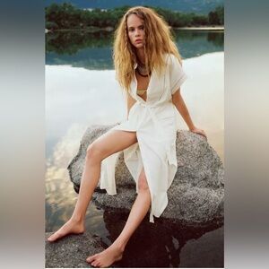 New Zara WHITE Oyster SHIRT LONG MIDI LINEN BELTED LACE INSERT DRESS SIZE L